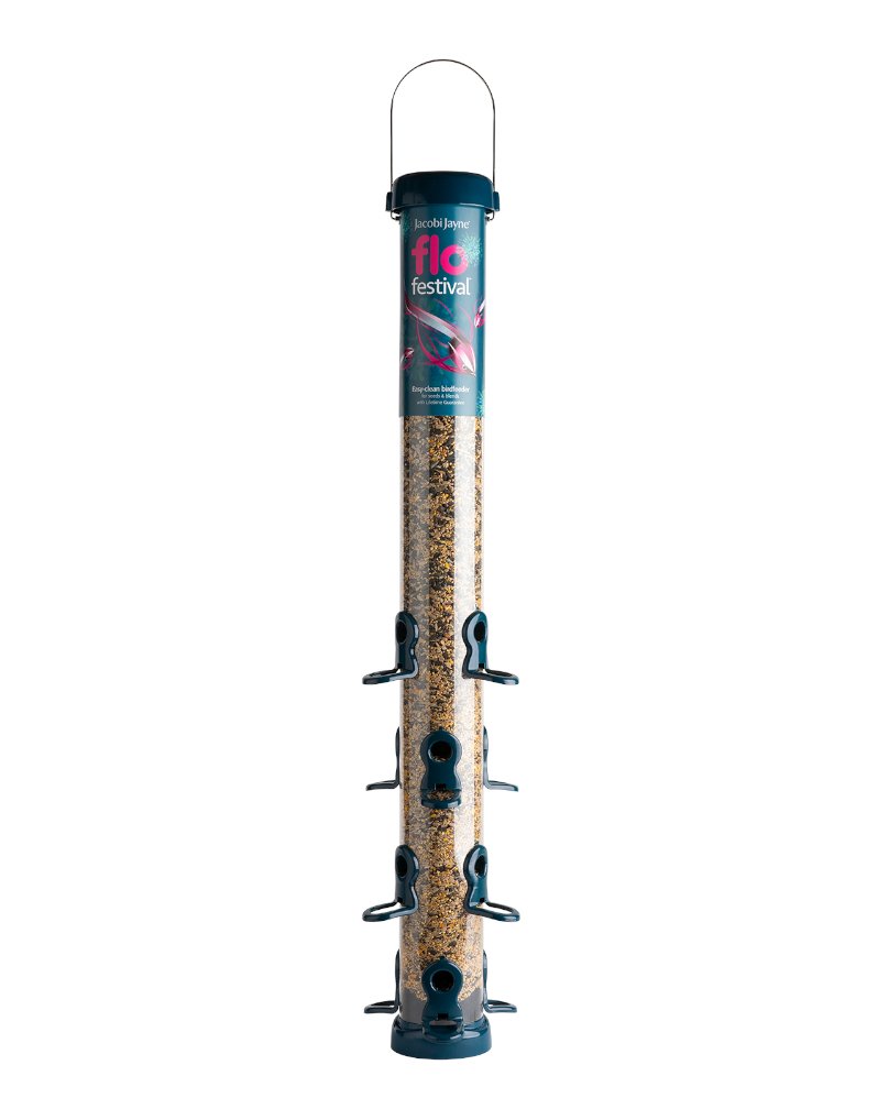 flf-s4b 'flo festival' comedero tubular para aves silvestres extragrande para mezcla de semillas metlico de gran capacidad blue