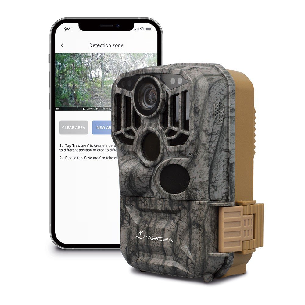 cmara de trampeo fotogrfico arcea sentinel pro 32 mp con 4 led negros de luz infrarroja invisible, sensor pir triple y control a distancia mediante app