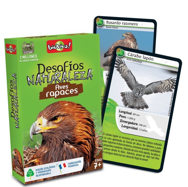 juego de cartas bioviva, aves rapaces. desafos naturaleza