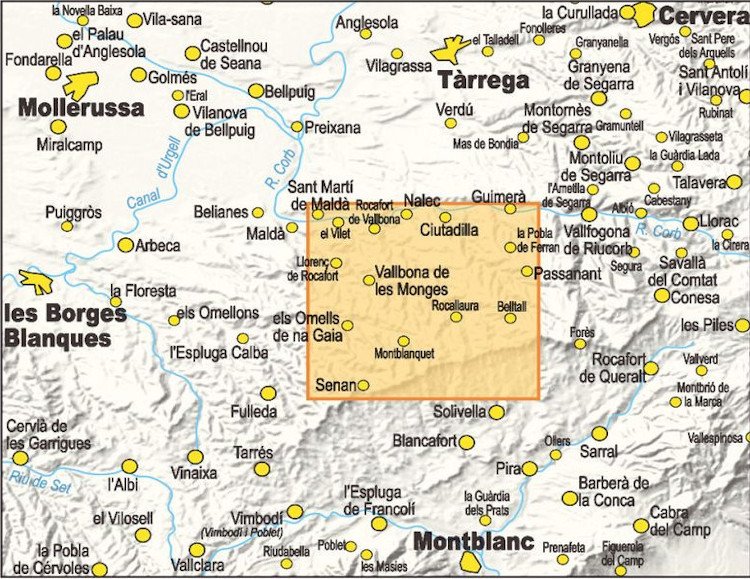 mapa piolet 1:15.000. vallbona de les monges. rutes pel terme